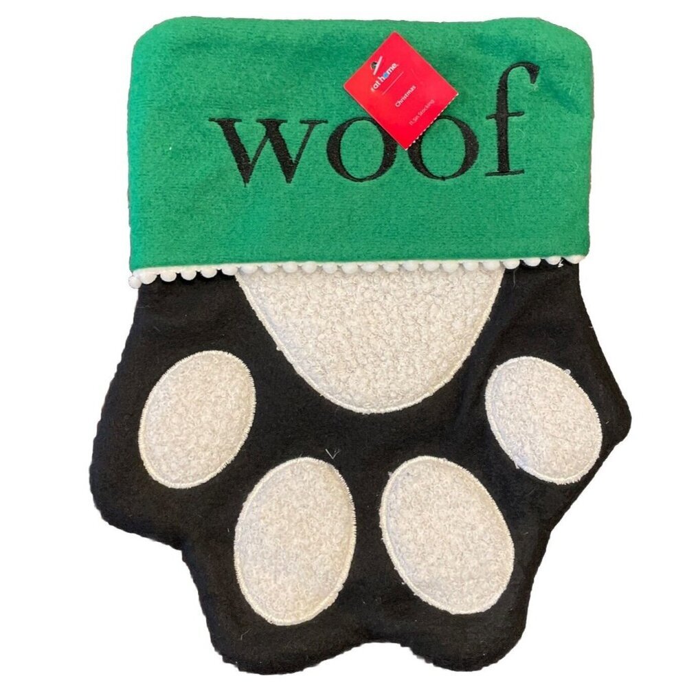 Christmas Holiday Stocking Dog Paw Shape‎ Green Black Woof Rustic Cabin NEW 11”